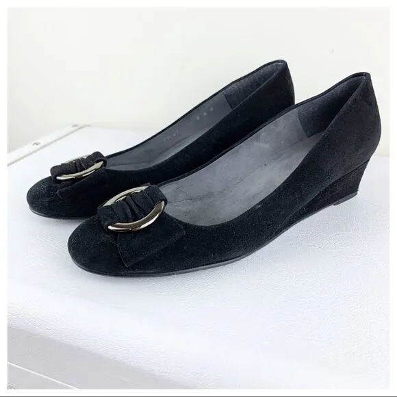 Stuart Weitzman Caring Black Suede Low Wedge Silver Ring Accent 8.5