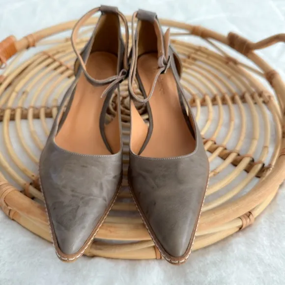 Sundance Fayette Ankle Strap Pointed Toe Block Heel Gray Taupe Shimmer