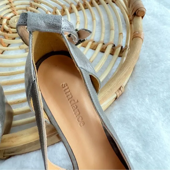 Sundance Fayette Ankle Strap Pointed Toe Block Heel Gray Taupe Shimmer