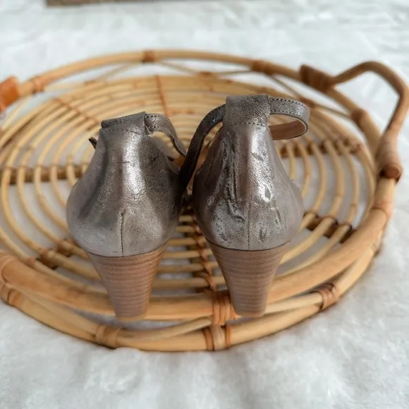 Sundance Fayette Ankle Strap Pointed Toe Block Heel Gray Taupe Shimmer