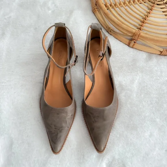 Sundance Fayette Ankle Strap Pointed Toe Block Heel Gray Taupe Shimmer