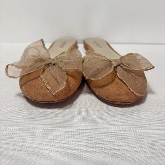 Sundance Karina Suede Mules Flats Slip On Gauze Sheer Bow Camel Tan 38 8 NEW