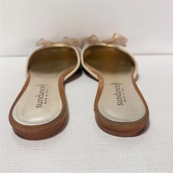Sundance Karina Suede Mules Flats Slip On Gauze Sheer Bow Camel Tan 38 8 NEW