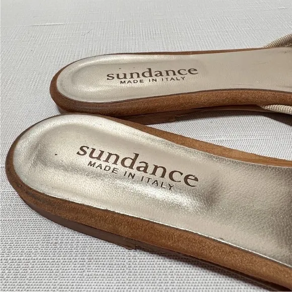 Sundance Karina Suede Mules Flats Slip On Gauze Sheer Bow Camel Tan 38 8 NEW