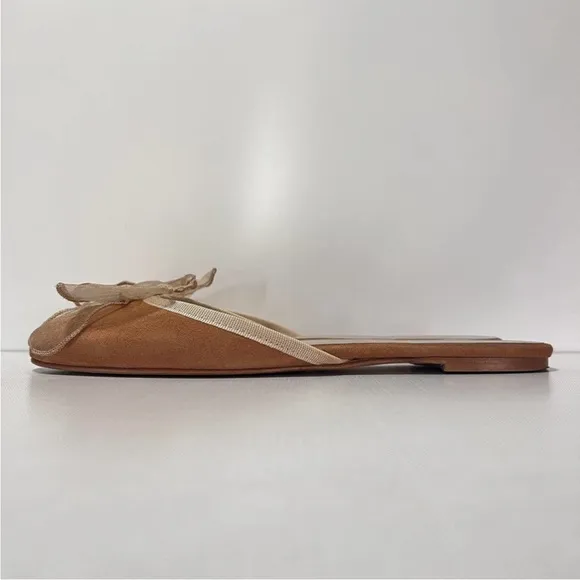 Sundance Karina Suede Mules Flats Slip On Gauze Sheer Bow Camel Tan 38 8 NEW