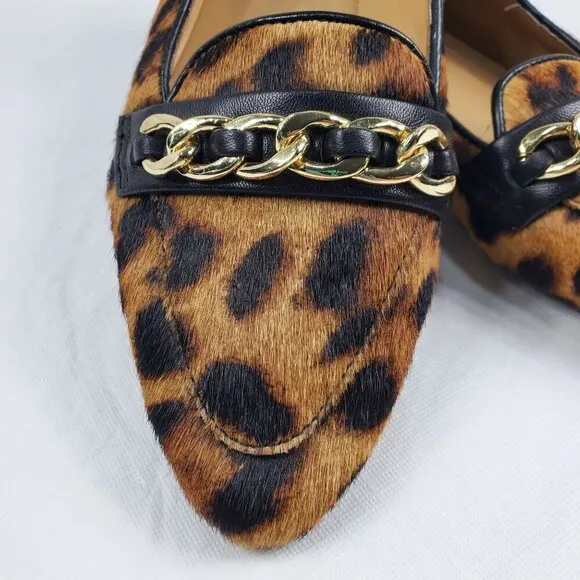 Talbots Women's Brown Black Loafer Shoes Lucy Chain Link Leopard Print Sz 7.5M