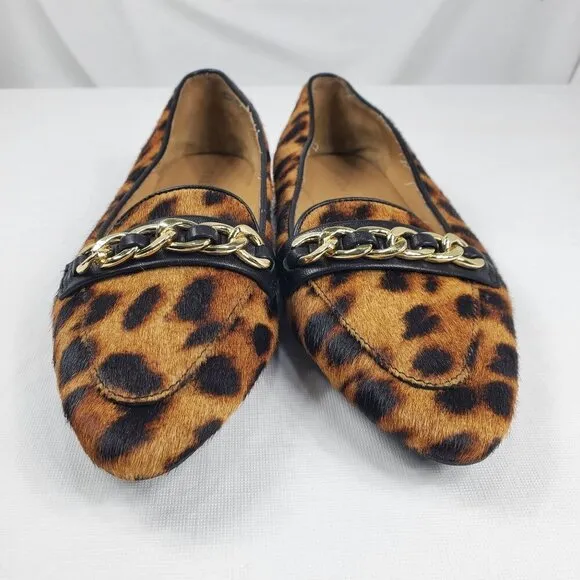 Talbots Women's Brown Black Loafer Shoes Lucy Chain Link Leopard Print Sz 7.5M