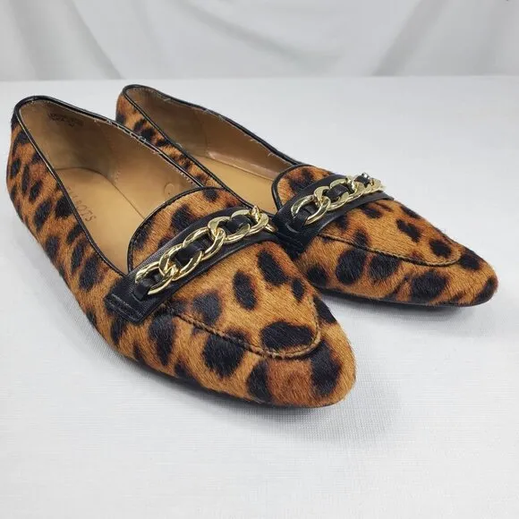 Talbots Women's Brown Black Loafer Shoes Lucy Chain Link Leopard Print Sz 7.5M