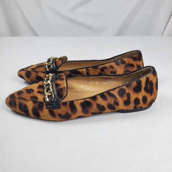 Talbots Women's Brown Black Loafer Shoes Lucy Chain Link Leopard Print Sz 7.5M