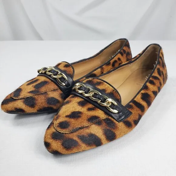 Talbots Women's Brown Black Loafer Shoes Lucy Chain Link Leopard Print Sz 7.5M