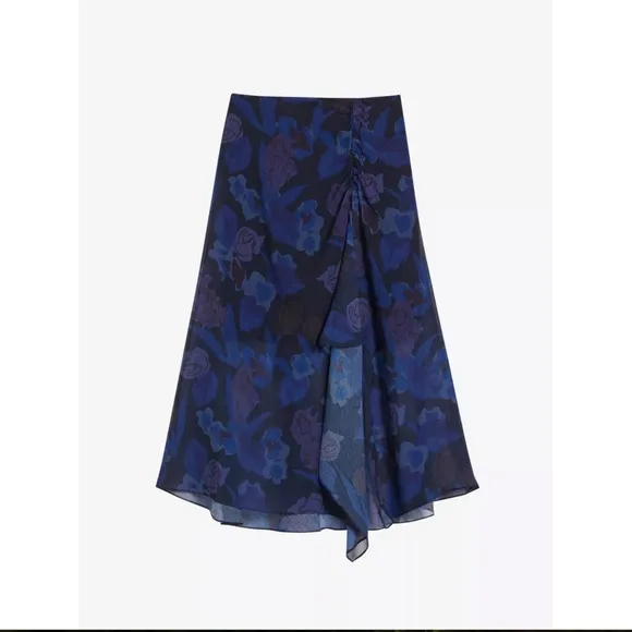 TED BAKER: Lexiy Floral-print Ruched-detail Crepe Midi Skirt In Dark Navy