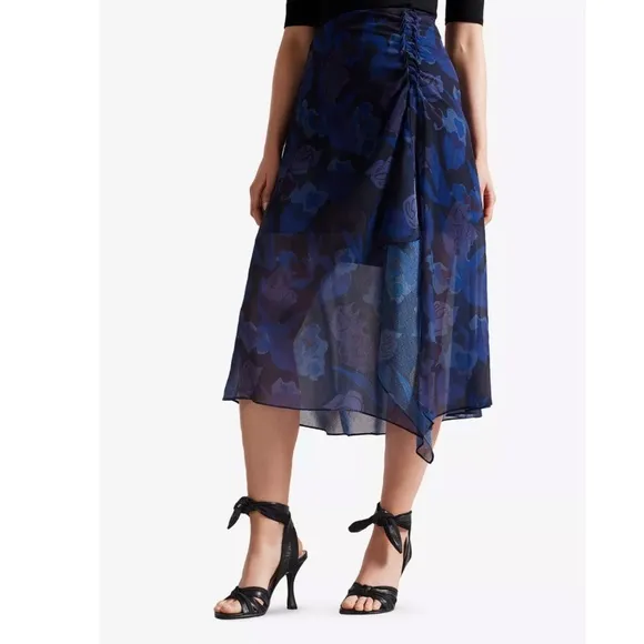 TED BAKER: Lexiy Floral-print Ruched-detail Crepe Midi Skirt In Dark Navy