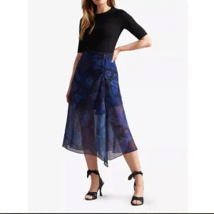 TED BAKER: Lexiy Floral-print Ruched-detail Crepe Midi Skirt In Dark Navy