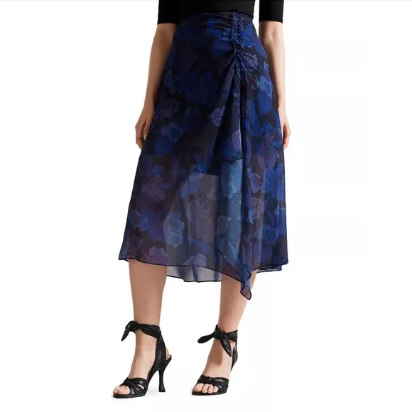 TED BAKER: Lexiy Floral-print Ruched-detail Crepe Midi Skirt In Dark Navy