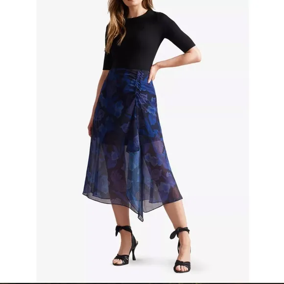 TED BAKER: Lexiy Floral-print Ruched-detail Crepe Midi Skirt In Dark Navy