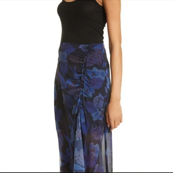 TED BAKER: Lexiy Floral-print Ruched-detail Crepe Midi Skirt In Dark Navy