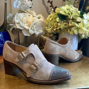The Office of Angela Scott Mr. Colin Double Monk Strap Suede Heels