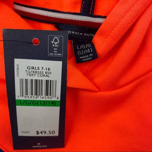 Tommy Hilfiger Girls Long Sleeve Hoodie, Orange/Blue NWT