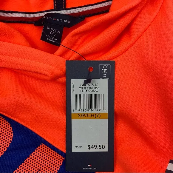 Tommy Hilfiger Girls Long Sleeve Hoodie, Orange/Blue NWT