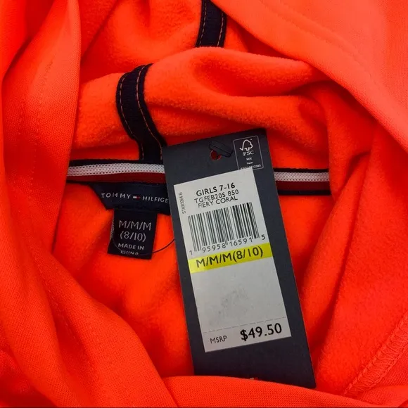 Tommy Hilfiger Girls Long Sleeve Hoodie, Orange/Blue NWT