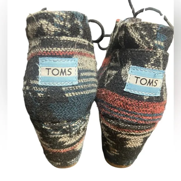 Toms Boots Womens Black Aztec Navajo Wedge Heel Lace Up Ankle Bootie, Sz 7