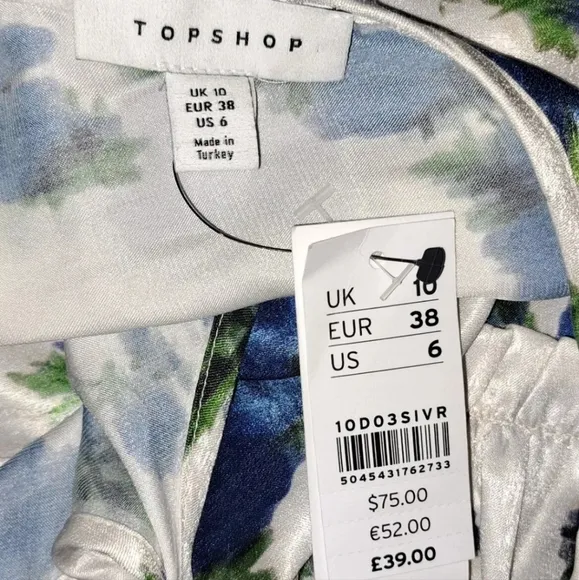 Topshop Floral Satin Blue &amp; White Midi Dress NWT Women's Size 6 Long B20#17
