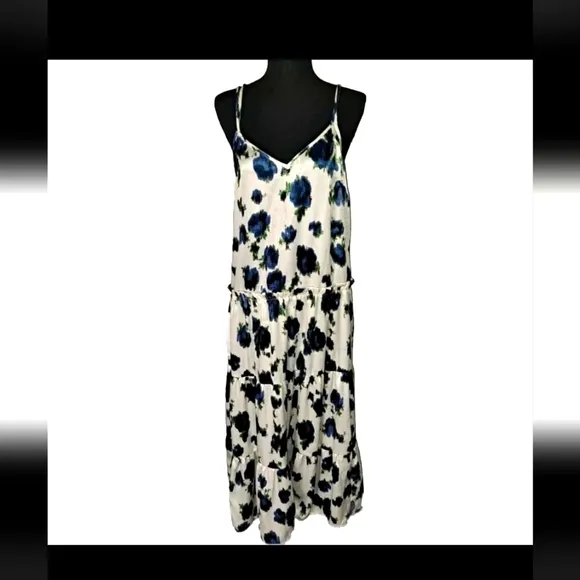 Topshop Floral Satin Blue &amp; White Midi Dress NWT Women's Size 6 Long B20#17