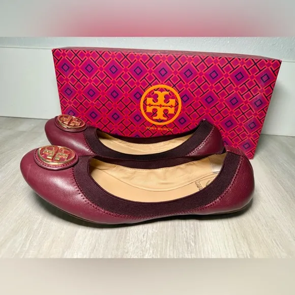 TORY BURCH Caroline Gold Logo/Cabernet plum Leather Ballet Flat Shoes Size 7.5 M