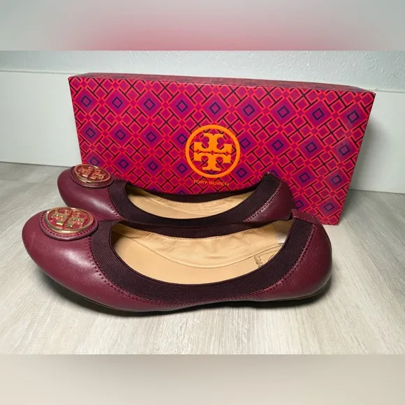 TORY BURCH Caroline Gold Logo/Cabernet plum Leather Ballet Flat Shoes Size 7.5 M