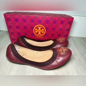 TORY BURCH Caroline Gold Logo/Cabernet plum Leather Ballet Flat Shoes Size 7.5 M