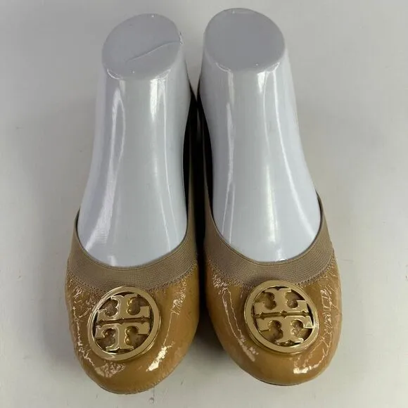 TORY BURCH CLAIRE TAN LEATHER SHOES US 7.5 M GOLD REVA LOGO ELASTIC BALLET FLATS