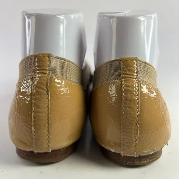 TORY BURCH CLAIRE TAN LEATHER SHOES US 7.5 M GOLD REVA LOGO ELASTIC BALLET FLATS