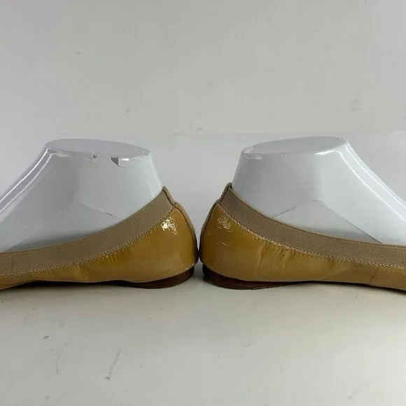 TORY BURCH CLAIRE TAN LEATHER SHOES US 7.5 M GOLD REVA LOGO ELASTIC BALLET FLATS