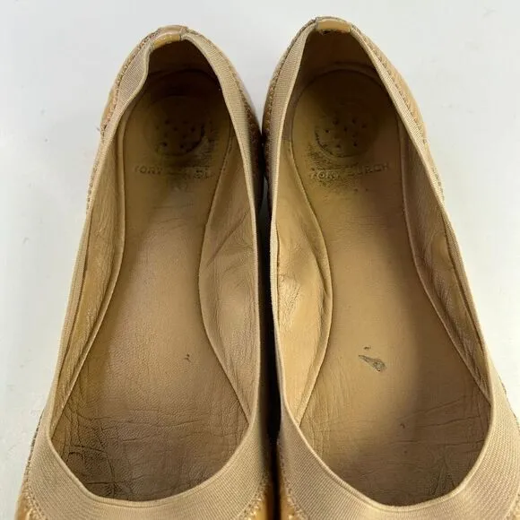 TORY BURCH CLAIRE TAN LEATHER SHOES US 7.5 M GOLD REVA LOGO ELASTIC BALLET FLATS