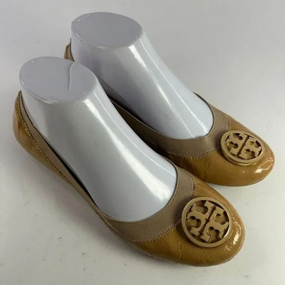 TORY BURCH CLAIRE TAN LEATHER SHOES US 7.5 M GOLD REVA LOGO ELASTIC BALLET FLATS