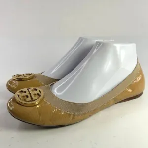 TORY BURCH CLAIRE TAN LEATHER SHOES US 7.5 M GOLD REVA LOGO ELASTIC BALLET FLATS