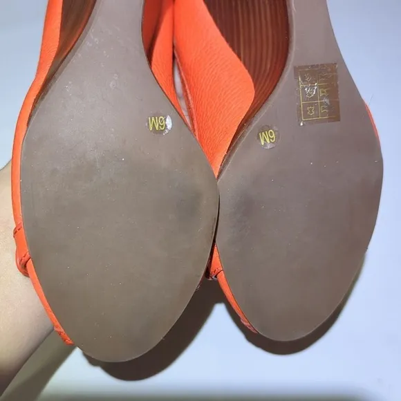 Tory Burch Womens Wedge Sandels Shoes Orange Gold Leather Peep Toe Heels Size 6