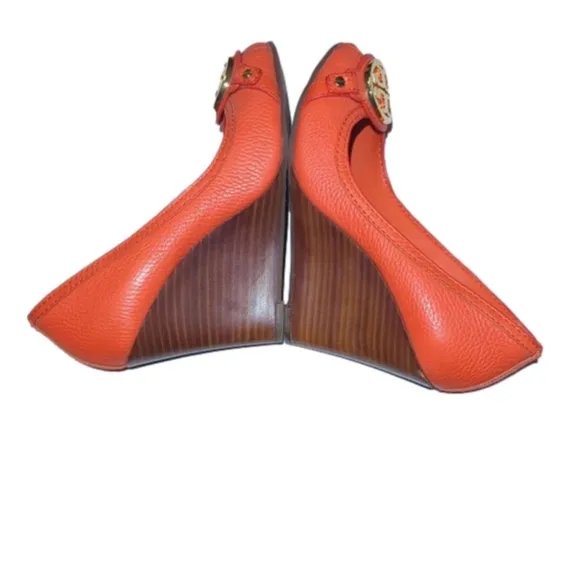 Tory Burch Womens Wedge Sandels Shoes Orange Gold Leather Peep Toe Heels Size 6
