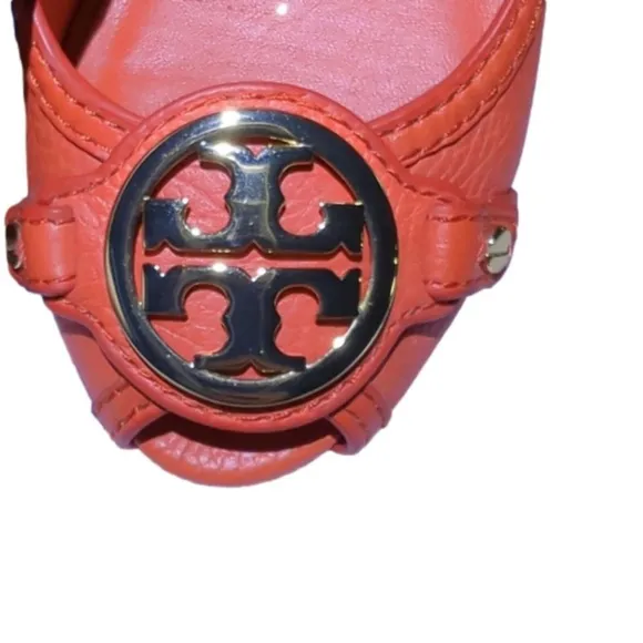 Tory Burch Womens Wedge Sandels Shoes Orange Gold Leather Peep Toe Heels Size 6