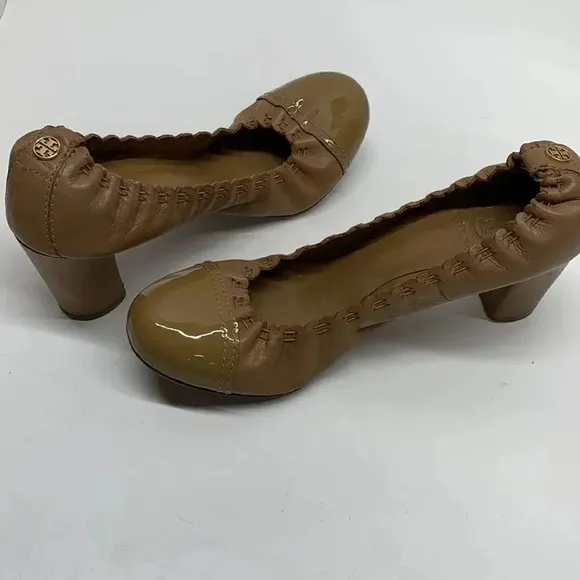 Tory Burch Romy High Heels Shoes Patent Leather Cap Toe Scrunched Brown Tan 7.5