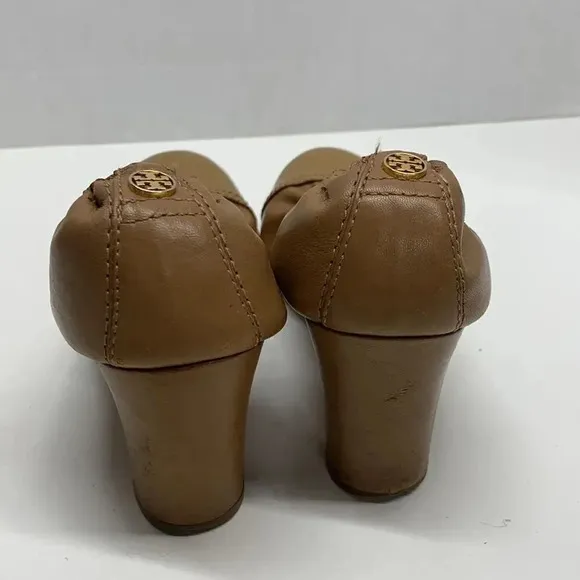 Tory Burch Romy High Heels Shoes Patent Leather Cap Toe Scrunched Brown Tan 7.5