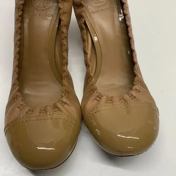 Tory Burch Romy High Heels Shoes Patent Leather Cap Toe Scrunched Brown Tan 7.5