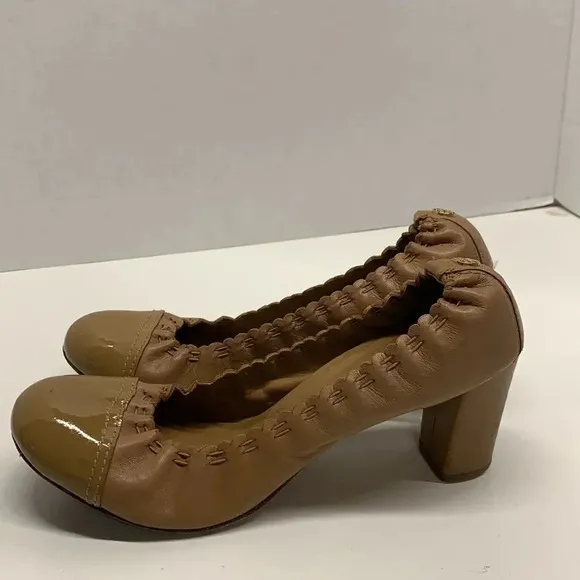 Tory Burch Romy High Heels Shoes Patent Leather Cap Toe Scrunched Brown Tan 7.5