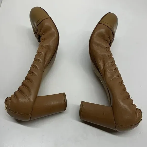 Tory Burch Romy High Heels Shoes Patent Leather Cap Toe Scrunched Brown Tan 7.5