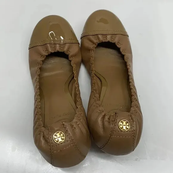 Tory Burch Romy High Heels Shoes Patent Leather Cap Toe Scrunched Brown Tan 7.5