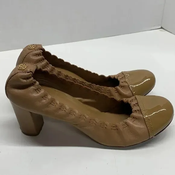 Tory Burch Romy High Heels Shoes Patent Leather Cap Toe Scrunched Brown Tan 7.5