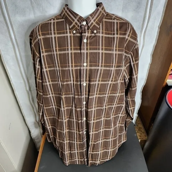 Turnbury Made in Hong Kong Plaid Long Sleeve Button Down Shirt Men's XL Brown
