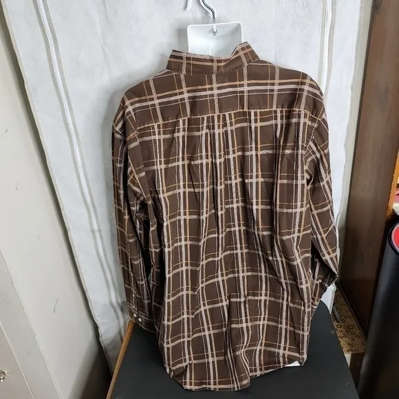 Turnbury Made in Hong Kong Plaid Long Sleeve Button Down Shirt Men's XL Brown