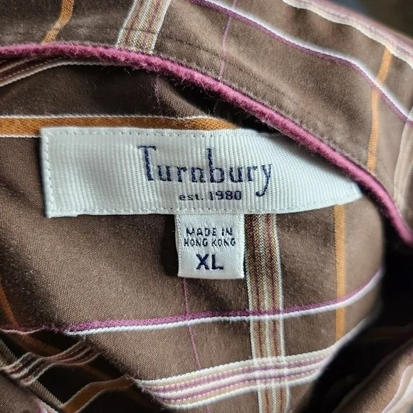 Turnbury Made in Hong Kong Plaid Long Sleeve Button Down Shirt Men's XL Brown