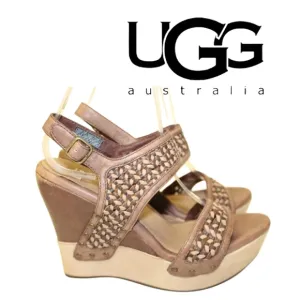 UGG Assia Heeled Sandals Women Size 7.5 38.5 Woven Neutral Leather Shoes
